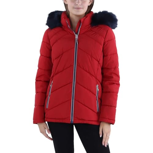 Tommy Hilfiger Women's Contrast Zipper Fur Hood Short Puffer Jacket