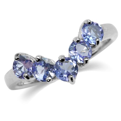 Silvershake 1.25 CTW 4MM 5-Stone Round Shape Genuine Violet Tanzanite White Gold Plated 925 Sterling Silver V Shape Ring December Gemstone Birthstone Size 9