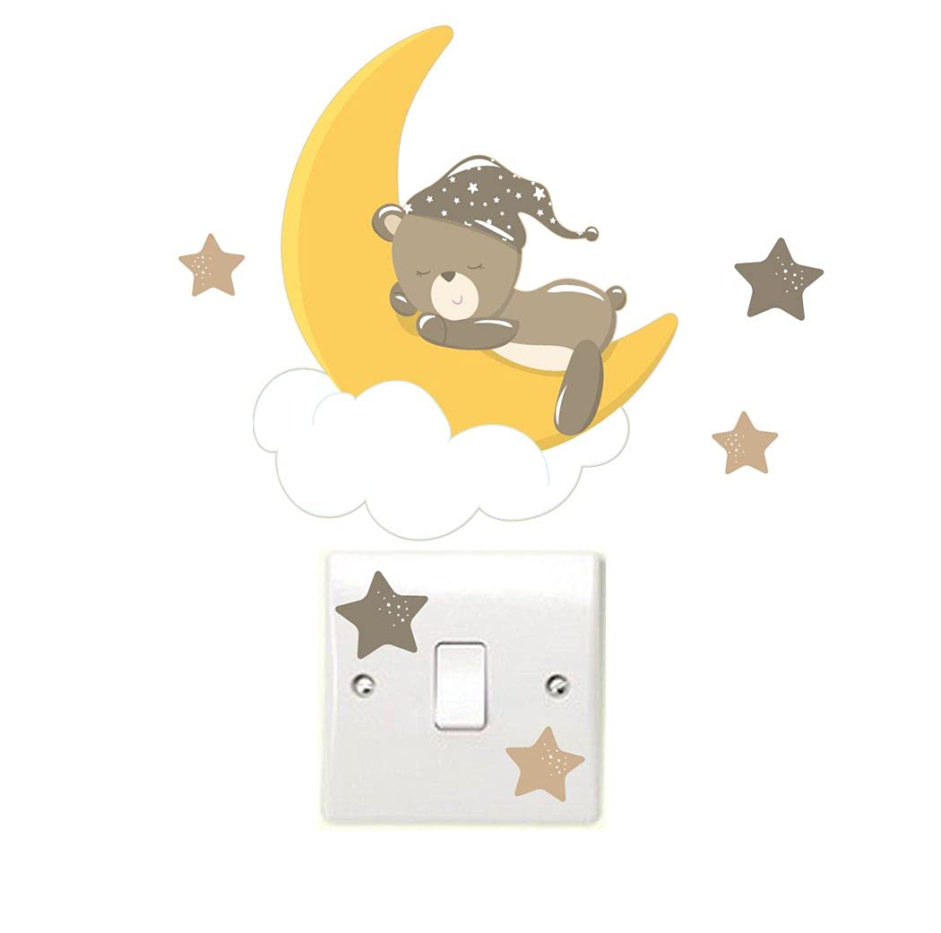Stickers On Your Wall Brown Sleeping Teddy On Moon & Stars - Neutral - Light Switch Wall Stickers Perfect For Any Teddy Themed Room