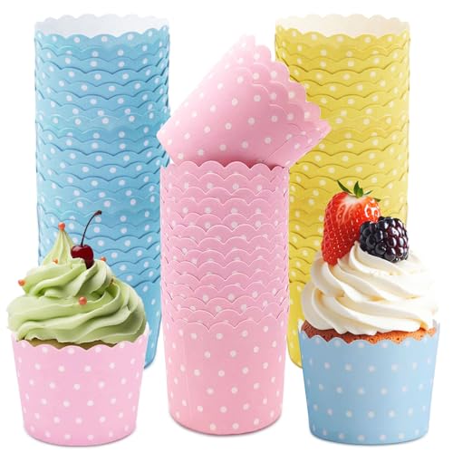 Cupcake Wrapper, 150 Stück Muffin Förmchen, Muffinförmchen Papier, Mini Muffin Papierförmchen Cupcake Förmchen Muffins Papierförmchen, für Geburtstage Hochzeiten und Partys(Rosa Blau Gelb)