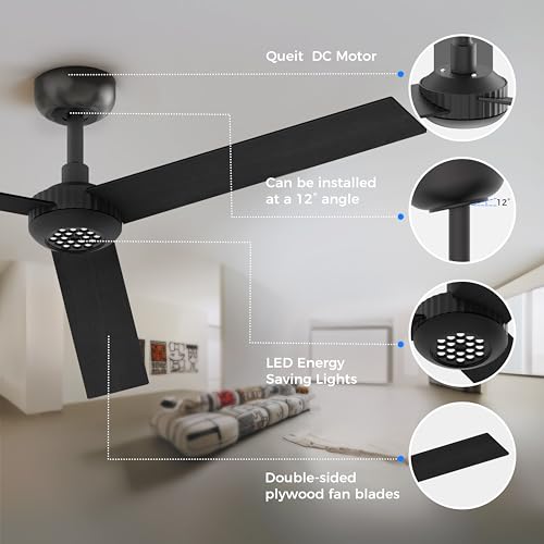 Image of TALOYA 52 inch Ceiling Fan,Black Finish,6-Speed,Dimmable,Noiseless,Reversible DC Motor,3 blades