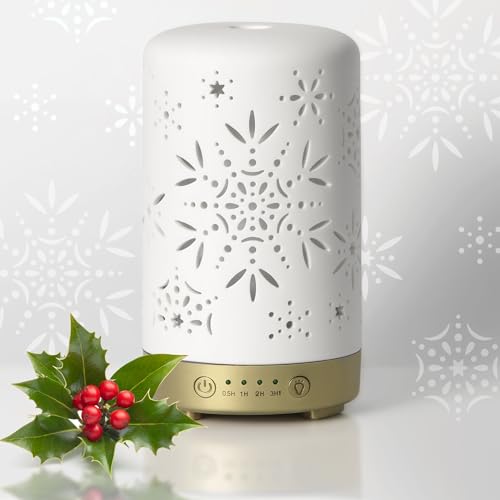 Earnest Living Essential Oil Diffuser White Christmas Ceramic Diffuser 100 ml Timers Night Lights and Auto Off Function Home Office Humidifier Aromatherapy Diffusers for Gifts Decorations Snowflake