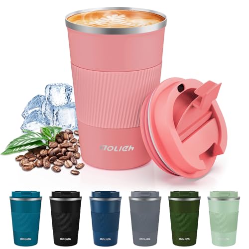 Aolieh Travel Mug 380 ml, Insulated Coffee Cup with Lid, Reusable Stainless Steel Thermal Cup for Coffee, Tea & Cold Drinks, Leak-Resistant Double-Walled Travel Mug, Grapefruit