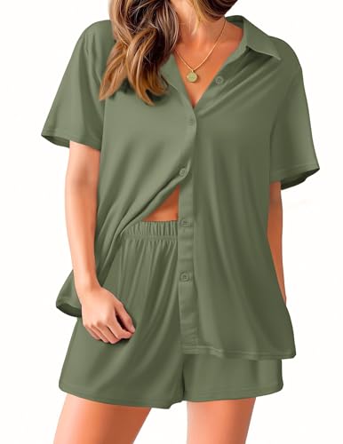 Image of Ekouaer Pajama for Women Set Short Sleeve Button Down Pajamas Sets Soft Lounge Sets for Women Sleepwear PJS