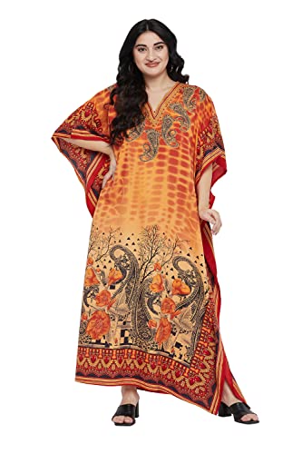 Image of Women Plus Size Kaftan Kimono Loose Maxi Summer Dresses for Women | 3 /4 Sleeve Casual Lounge Dress Boho, V Neck, Side Slit Hem, Beach Vacation Swimwear, Mumu Nightgown & Beach Cover Up