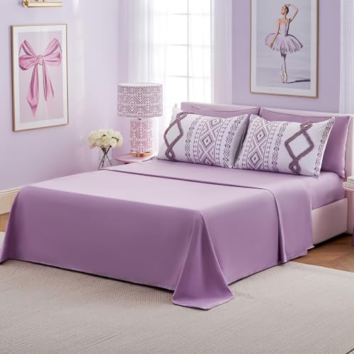 Image of MOVE OVER 7 Pieces Purple Tufted Bed in a Bag King Size Boho Chic Farmhouse Bedding Set Soft Microfiber Ethnic Aztec Comforter Sets for Bedroom Mid-Century Bohemian Bedding Comforter Set