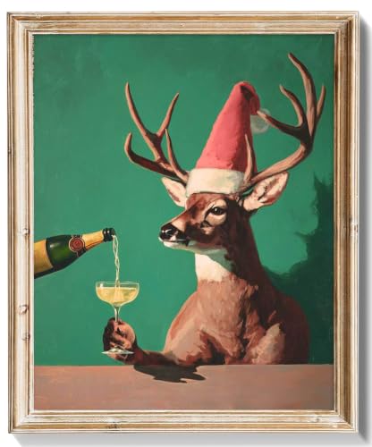 RETRART Festive Deer with Santa Hat & Champagne Canvas Wall Art Print, Whimsical Christmas Wall Decor, Style Holiday Rustic & Playful Decor for Nursery Bedroom Living Room (8" x 10" -UNFRAMED)