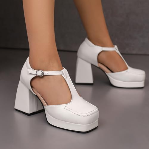 Alyaafifa Platform Loafers Chunky High Heels Pumps for Women Closed Square Toe Ankle Buckle T-Strap Mary Jane Leather Dress Shoes Office Lady Working Business Party Church2