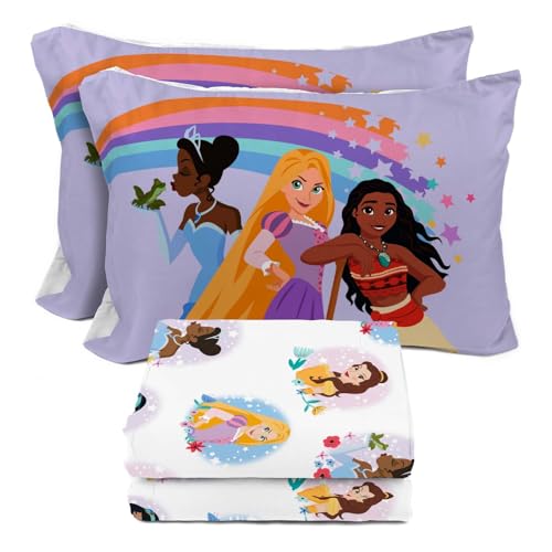 Image of Sunny Side Up Disney Princess Full Sheet Set - 4 Piece Kids Bedding Set Includes Pillow Cover - Super Soft Rainbow Microfiber Sheets Moana, Belle & Rapunzel