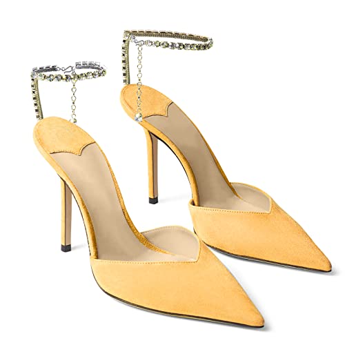 Image of LauraVicci Women's Heeled Sandals Crystal Chain Ankle Straps Rhinestones Buckle High Heels Stiletto Slip On Wedding Party Satin Dress Shoes