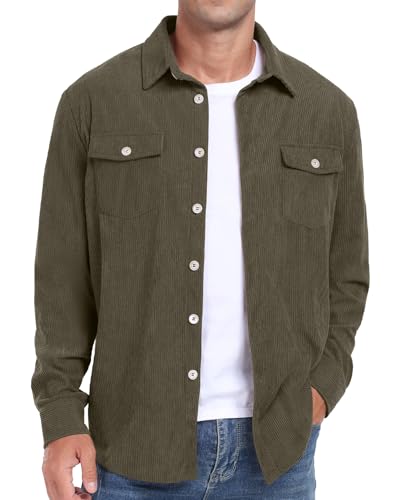 Image of Askdeer Men's Corduroy Button Down Shirts Long Sleeve Casual Shacket Jacket Western Corduroy Shirt Jacket with Flap Pockets