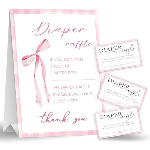 Image of Diaper Raffle Set For Baby Shower - Pink bow - 1 Standing Sign & 50 Diaper Raffle Tickets, Gender Reveal, Baby Announcement Party Decorations & Supplies - A15