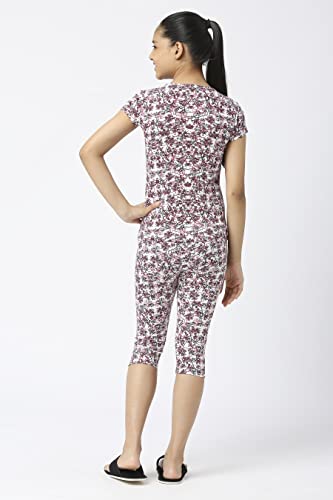 Image of SINI MINI Round Neck with Half Sleeve Top & Capri Beige Girls Casual Pack of 1 Night Suit Set