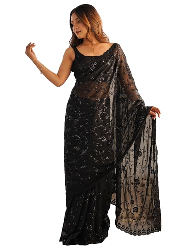 Image of AKHILAM Women's Georgette Embellished Saree With Unstitched Blouse Piece (AARYAN12701 KR Parent)
