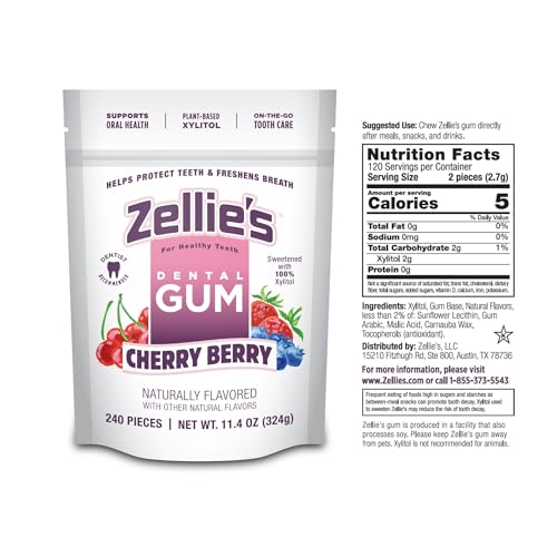 Image of Zellie's | 100% Xylitol Cherry Berry Chewing Gum | No Aspartame, Gluten Free, Vegan & Kosher (240 Count - Pack of 1)
