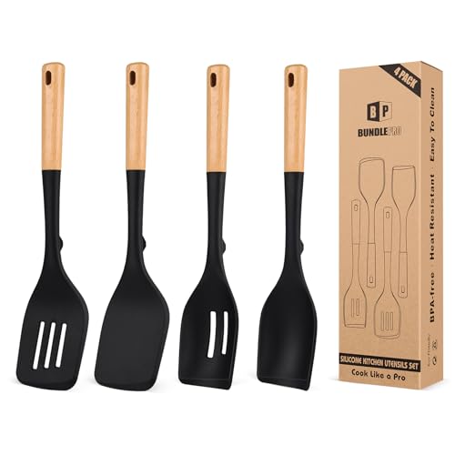 Pack of 4 Silicone Kitchen Utensils Set, Non Stick Solid Spatulas and Heat Resistant Slotted Spoons with Wooden Handle, Ideal BPA Free Cooking Utensils for Mixing,Serving,Turning,Stirring(BLACK)