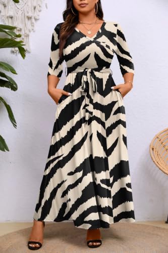 Image of Runwind Plus Size Dress for Women - 3 /4 Sleeve V Neck Maxi Dresses for Women (XL-6XL)