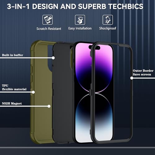 Image of SunStory Compatible with iPhone 14 Pro Max Case with HD Screen Protector, 3-Layer Heavy Duty Full-Body Cover,3 in 1 Hybrid Protective Case for iPhone 14 Pro Max 6.7 inch, ArmyGreen