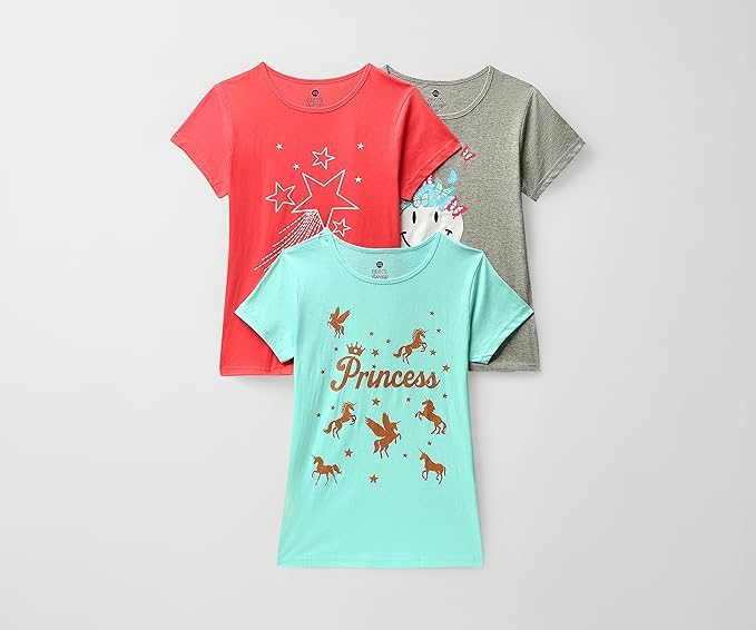 Image of Clotth Theory Girls Super Combed Cotton Regular Fit Round Neck Printed Short Sleeve Tshirt -Combo Pack of 3