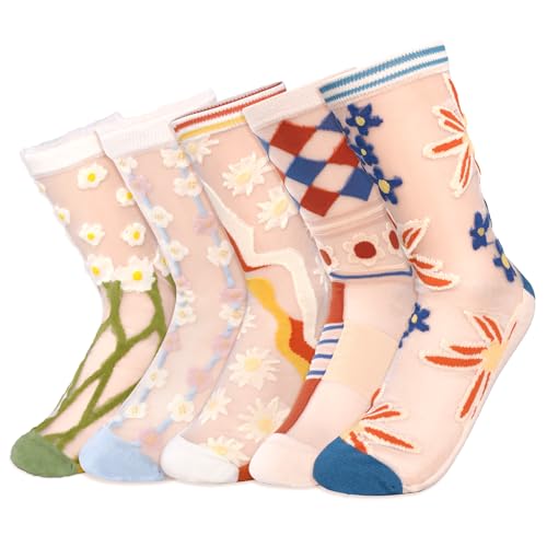 6 Pairs Womens Floral Sheer Socks, Summer Transparent Thin Mesh Ankle Lace Jacquard Socks