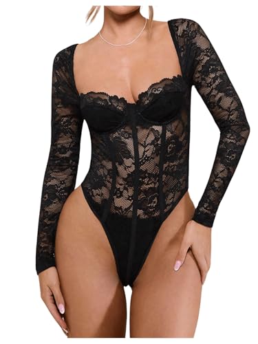 winkbay Womens Lace Long Sleeve Corset Bodysuit Sheer Boned Sweetheart Neckline Fall Going Out Leotard Tops Black Small