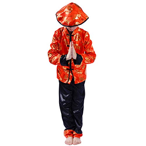 PGOND Boys Red Traditional Chinese Dragon Kung Fu Outfit Costume With Hat