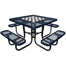 Coated Outdoor Furniture Heavy-Duty Portable Outdoor Picnic Table with Umbrella Hole, Expanded Metal Commercial-Grade Patio Dining Furniture Made in America 46" Square Game-Top, Dark Blue