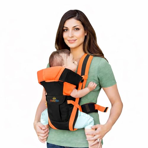 Image of BabyGo Kid Seat Baby Hip Carrier 4-in-1 Adjustable Baby Carrier Cum Kangaroo Bag|Front, Back|for 6 to 24 Months Baby|Newborn to Toddler Carrier|Safety Belt & Buckle Straps|Up to 15 Kgs (Orange)