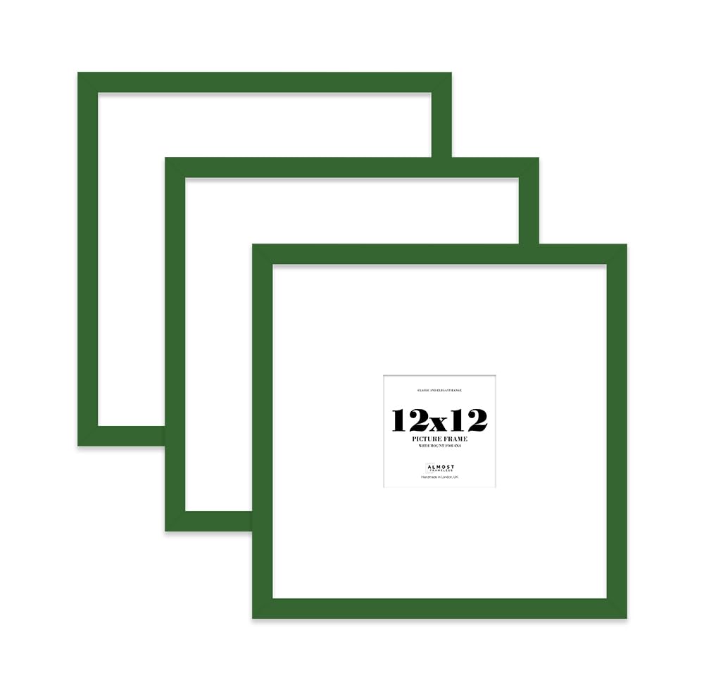 12x12 Green Picture Frame with Large Mount for 4x4 Photos, Prints - Modern Square Wall Frame, Set of 3