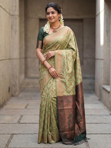 Image of AKHILAM Women's Kanjivaram Woven Soft Silk Saree With Blouse Piece
