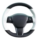 MEWANT Hand Stitched White Leather Tesla Model 3 Steering Wheel Cover for Tesla Model 3 2017-2023 / Model Y 2020-2023 for Tesla Model 3/Y Accessories