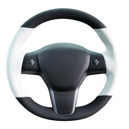 MEWANT Hand Stitched White Leather Tesla Model 3 Steering Wheel Cover for Tesla Model 3 2017-2023 / Model Y 2020-2023 for Tesla Model 3/Y Accessories