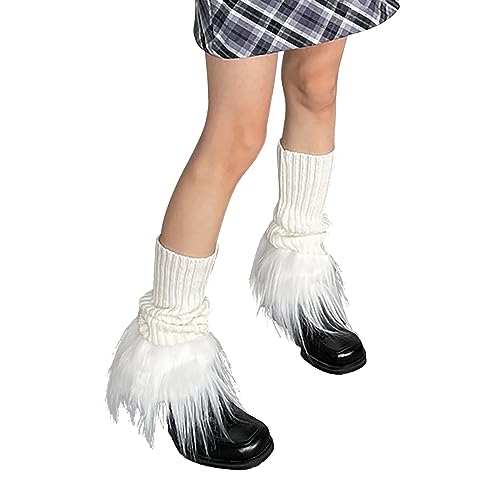Image of Women Leg Warmer Girls Faux Fur Trim Knitted Leg Cover Lolita Winter Warm Long Socks Furry Boot Cuff