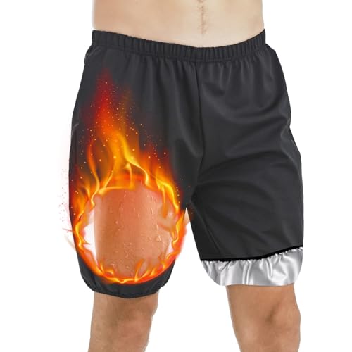 GENEMEN Sauna Shorts for Men Casual Loose Fit SweatShorts Gym Workout Shorts Elastic Bottoms (Black Shorts-Silver Inner, XXL)