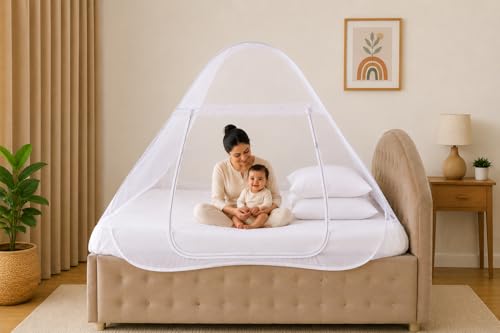 Image of Healthy Sleeping Mosquito Net | Double Bed | Supreme King Size Bed | Foldable Machardani with 2 Side Zipper Opening | Strong 30GSM Polyester Net | PVC Coated Steel Wire (White)