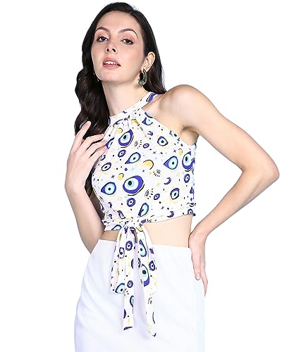 Image of POPWINGS Women Casual Yellow Eye Printed Sleeveless Halter Neck String Knot Crop Top | Women Tops | Women Regular Tops | Women Tops | Women Stylish Tops