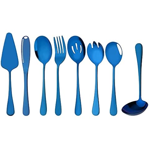 Uniturcky 8 Pcs Blue Serving Utensils, Stainless Steel Flatware Serving Set, Include Cake Server/Slotted Spoon/Serving Spoon and Fork/Soup Ladle/Cheese Spreader, Serveware Set for Buffet & Party Cover