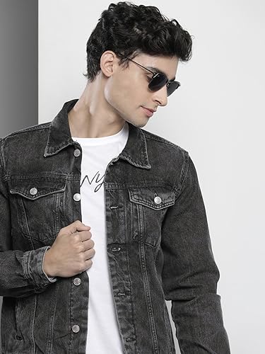 Image of The Indian Garage Co Men Blue Slim Fit Solid Denim Trucker Jacket