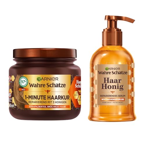 Garnier Wahre Schätze Honig Schätze Pflegeset | Reparierendes Serum (115ml) + Haarkur (340ml) | Mit Akazienhonig & Bienenwachs | Für Geschmeidigkeit & Glanz