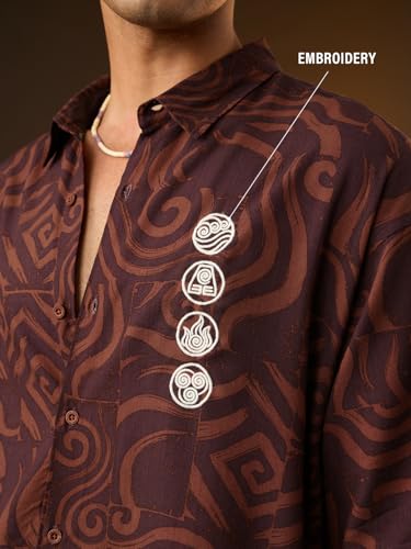 Image of The Souled Store Avatar: Elements Men and Boys Short Sleeves Collared Neck Button Front Brown Embroidered Rayon Oversized Shirts