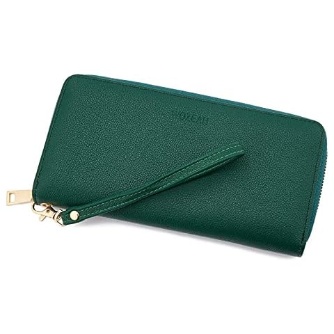 WOZEAH Women's RFID Blocking PU Leather Zip Around Wallet Clutch Large Travel Purse, A Deep Green, Rfid Wallet Cover