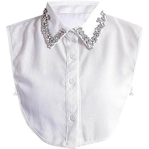 Retzjorv Women's Rhinestone Fake Collar Detachable Dickey Collar Half Shirt Blouse Chiffon Shirt Collar Peter Pan Faux False Collar (White) Cover