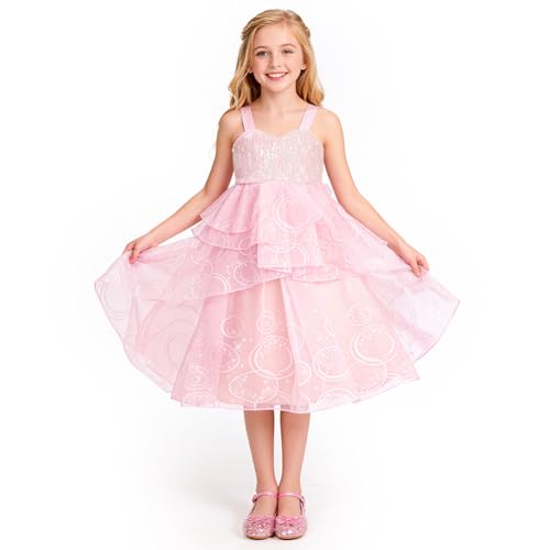 BSBUY Deguisement Robe Princesse Enfant Fille, Robe de Princesse Glinda Rose, Costume Soirée Tulle Robe Princesse Sequin Enfant, Costume de Soirée pour Fille 5-12ans