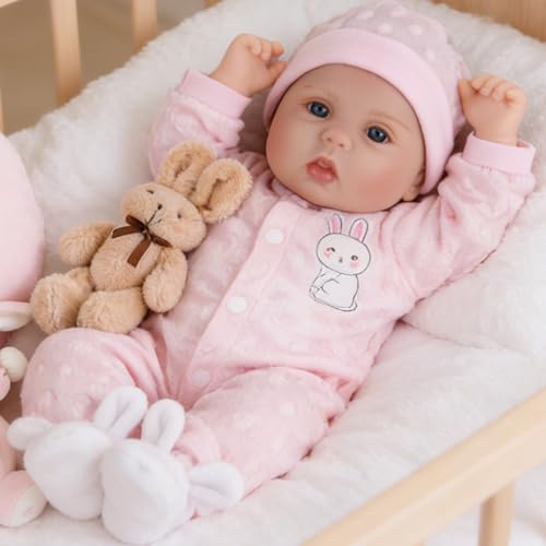 Image of EKOKIZ 18 Inch Reborn Baby Doll - Weighted Lifelike Newborn Girl with Soft Cloth Body, Vinyl Limbs & Rabbit-Themed Outfit, Realistic Hand-Painted Doll for Kids 3+ for Cuddling & Pretend Play