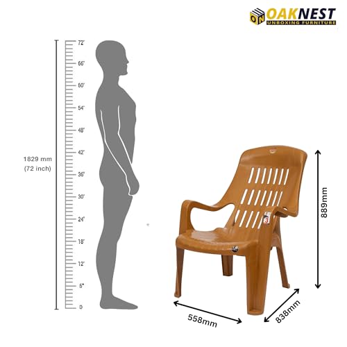 Image of Oaknest Unboxing Furniture Celloo Premium Plastic Relaxing Chair with Armrests | Ergonomic High-Back Lounge Seating for Home, Garden & Balcony (Sandalwood), Count of 2
