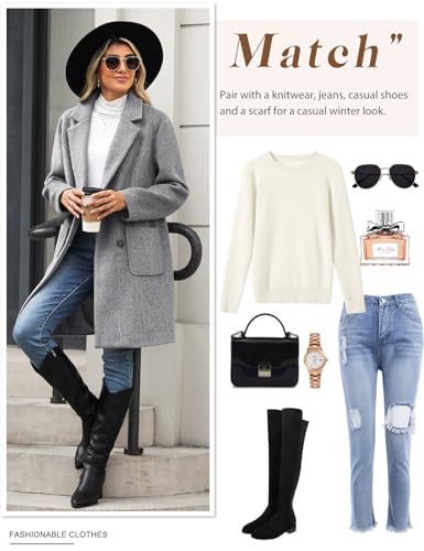 Yuson Girl Wintermantel Damen Langer Wollmantel Herbst Winter Klassischem Revers Coat Warmer Übergangsmantel Elegant Kurzmantel Einfarbig Jacke Outwear mit Doppelreihigen Knöpfen(Grau, M)