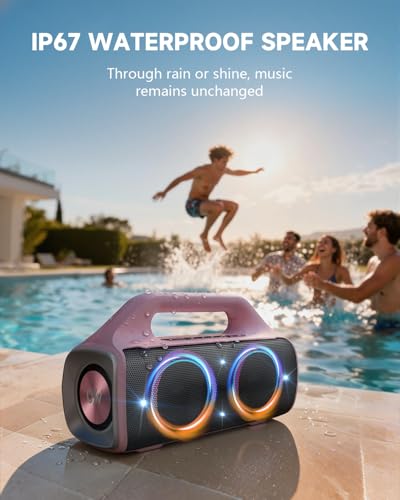 Image of IP67 Waterproof Bluetooth Speaker:80W(Peak) Loud Outdoor Portable Wireless Party Speakers with LED Lights,20H Playtime,Bluetooth 5.3,Deep Bass & TWS for Pool,Beach (Pink)