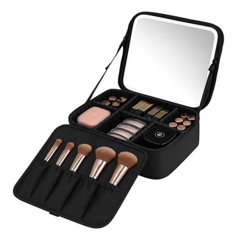 GREENSAPPIRE Travel Makeup Bag with LED Mirror Vanity Case Modes Adjustable Dividers Makeup Case for Women Travel Makeup Organiser Bag for Brushes Jewelry Toiletries (Black)