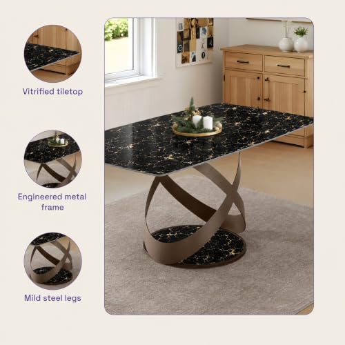 Image of Wakefit Mochi Dining Table - Portoro Black - 6 Seater I Marble Finish I Vitrified Tile Top I Portoro Black