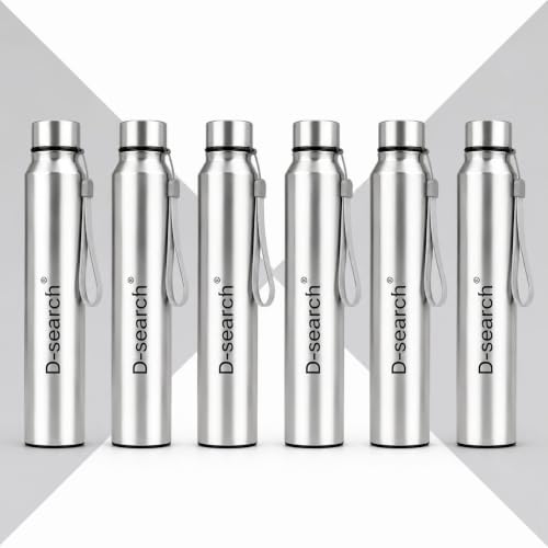 Image of D- Search Stainless Steel Water Bottle 1 litre Pack of 6 | Leakproof Lid fridge Bottle set | Reusable Widemouth | Lightwait School,Office, Sports, Gym, Home,Travel | Silver| Singal wall